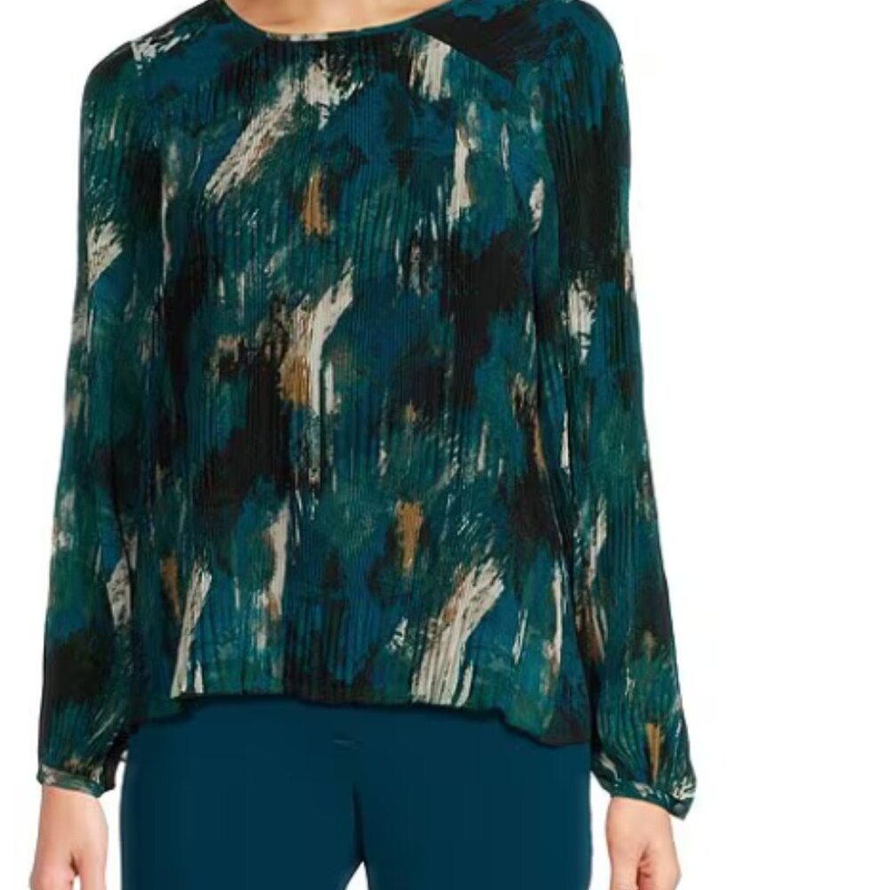 Calvin Klein Print Crew Neck Accordion Pleated Top (1X Plus) Brand New!
